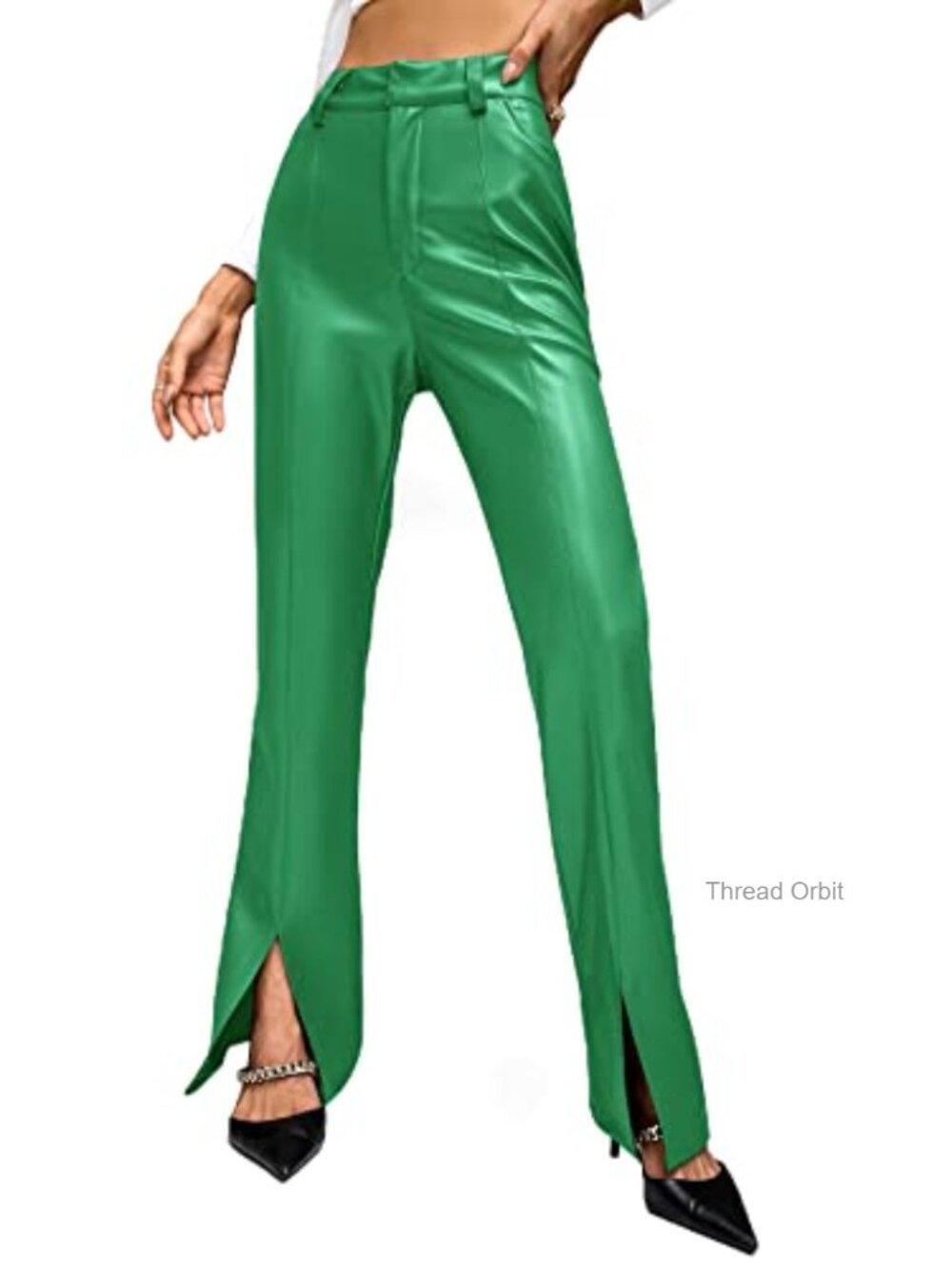 High Waist Straight Leg Faux Leather Jeans with Pockets Flare Hem Zipper